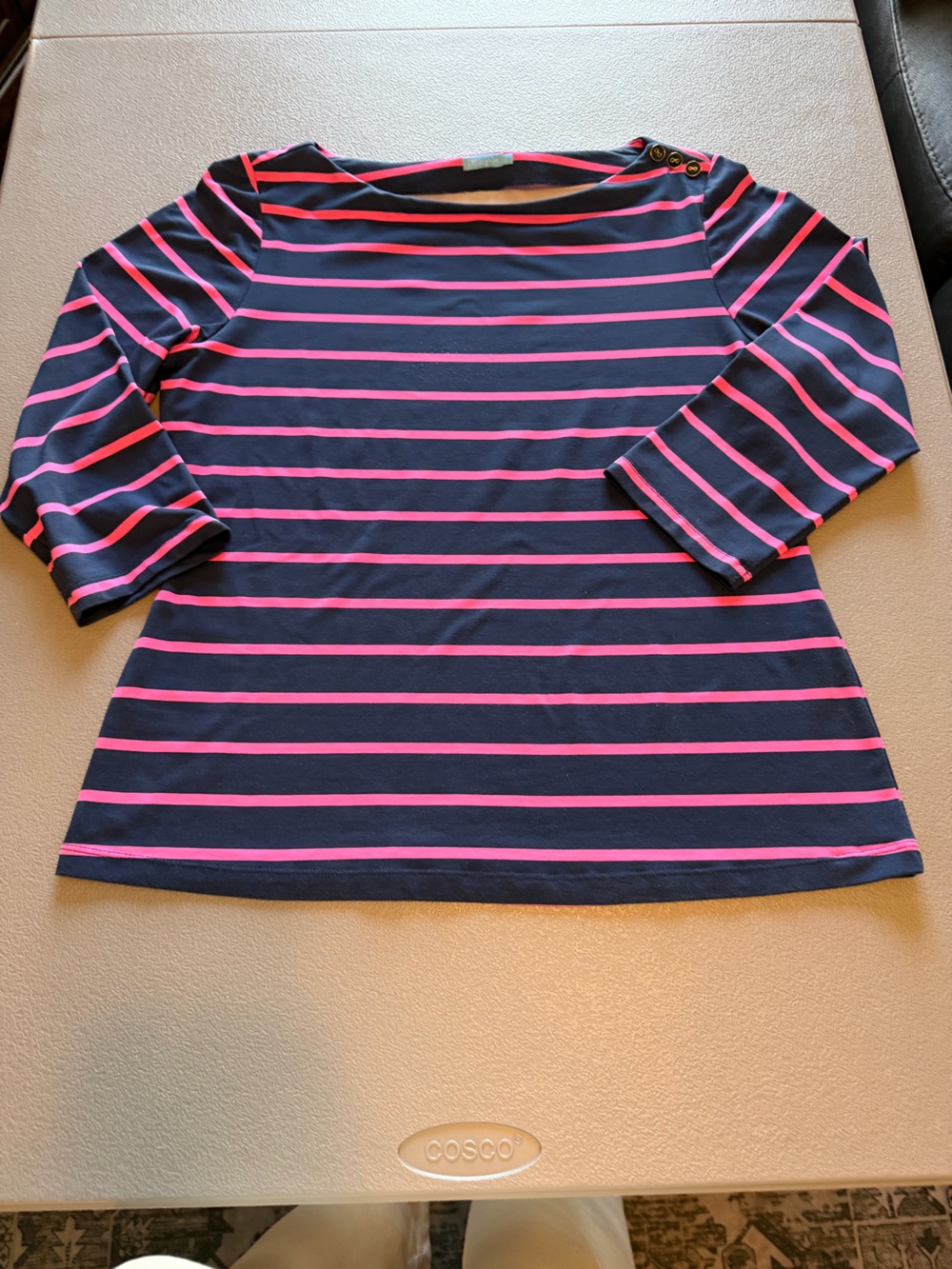 J. McLaughlin Navy and Pink Striped Boatneck Top with Shoulder Buttons size larg